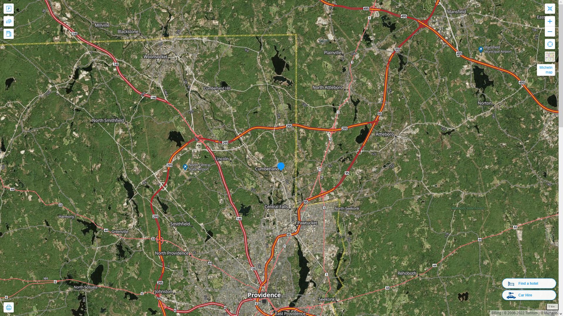 Cumberland Rhode Island Highway and Road Map with Satellite View